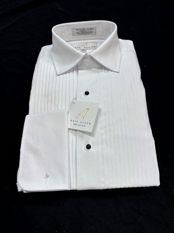 New White 100% Cotton French Cuff Pleated Tuxedo Shirt