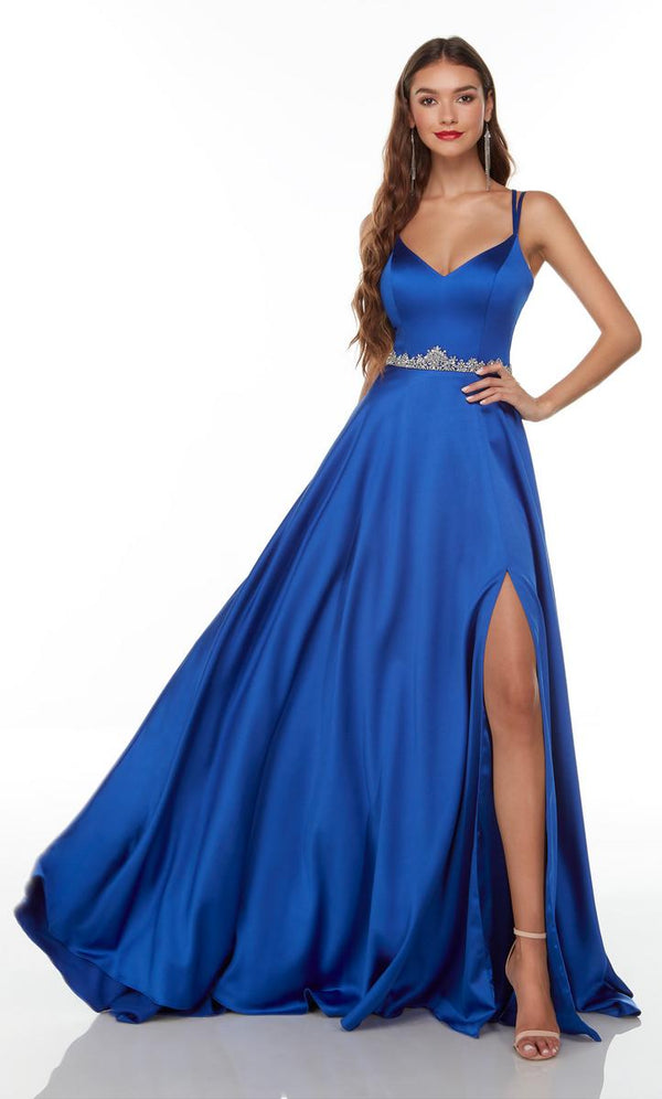 Alyce Paris 1731 Royal Blue Luminous Satin A-Line Dress with Slit - Size 00