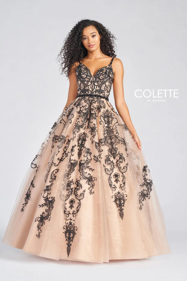 COLETTE 12224 Champagne Black Lace and Tulle Ballgown - Size 00