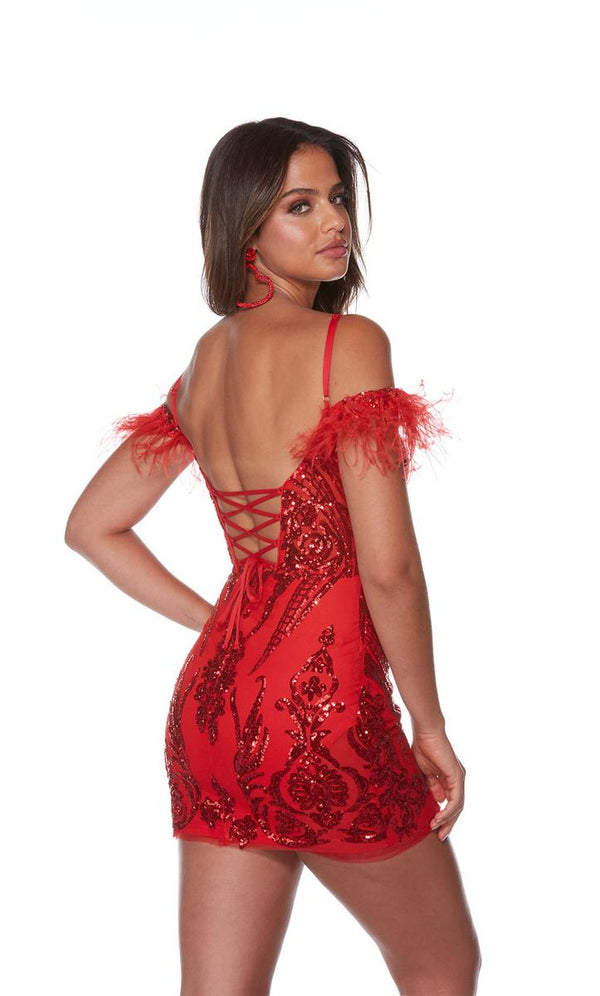 ALYCE Paris 4618 Sequin Embroidered Cocktail Dress with Feathers - Red or Grape