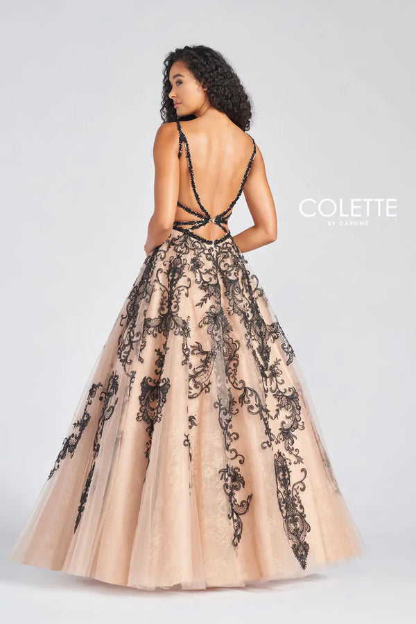 COLETTE 12224 Champagne Black Lace and Tulle Ballgown - Size 00