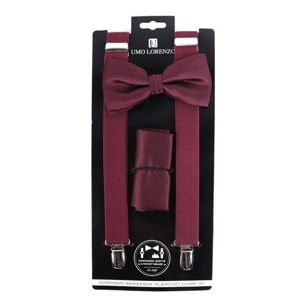 Suspender, Bow Tie & Pocket Square Set - Burgundy