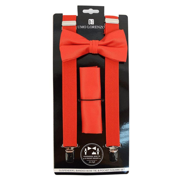 Suspender, Bow Tie & Pocket Square Set - Red