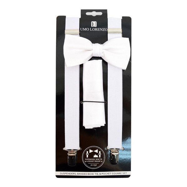 Suspender, Bow Tie & Pocket Square Set - White