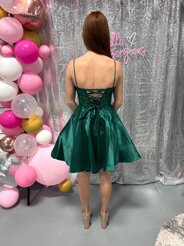 Alyce Paris 3131 Pine Green Illusion Bodice Satin Cocktail Dress - Size 2