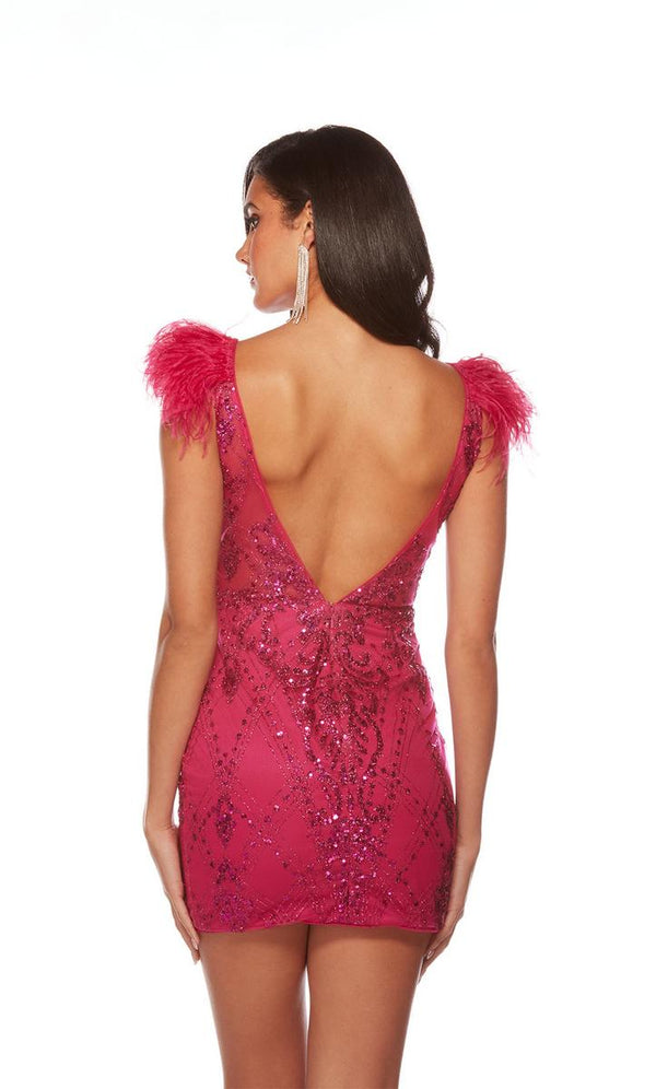 Alyce Paris 4501 Pink Fitted Glitter Tulle Cocktail Dress with Feather Cap Sleeves - Size 0