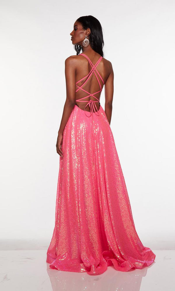 Alyce Paris 61398 Sequin A-Line Dress Lace Up Back and Slit - Neon Pink or Blue