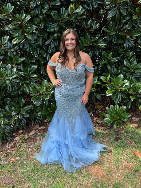 Athena Prom 8165 Off the Shoulder Fit-n-Flare Layered Mermaid Dress - Champagne or Dusty Blue