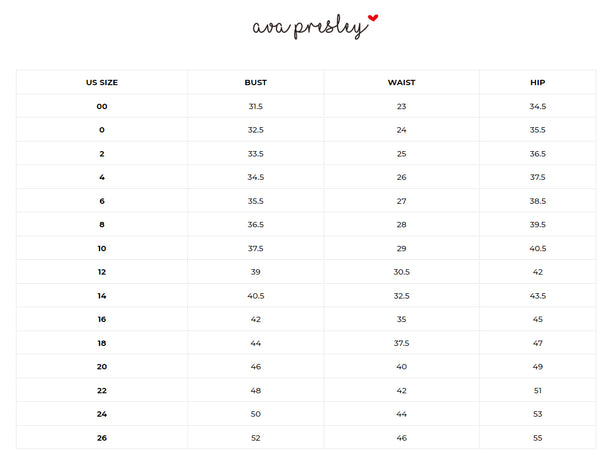 Size Chart for Ava Presley Dresses