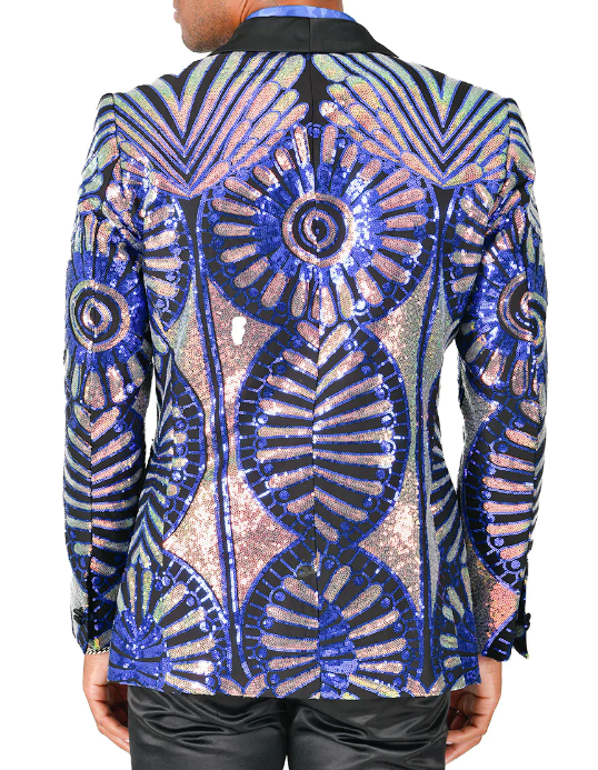 Avant-garde Royal Blue and Iridescent Sequin Design Tuxedo Jacket (Back)