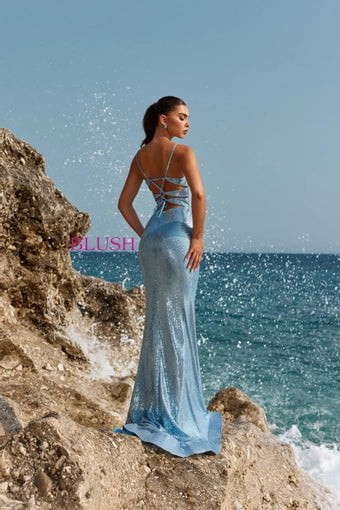 Blush Prom 12102 Pool Blue Shimmer Fitted Dress with Train