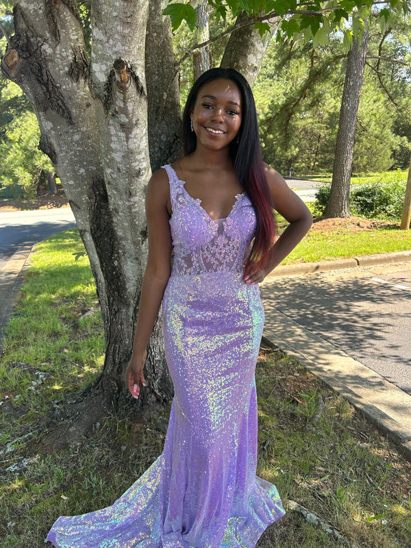 Blush Prom 12118 Lavender Sequin Fitted Dress with Train