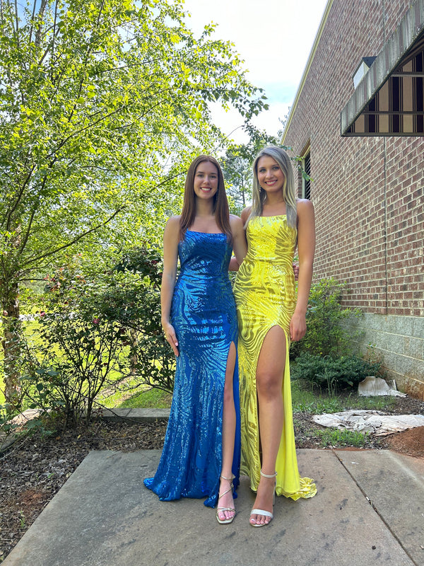 Blush Prom 12124 Fitted Sequin Dress with Strappy Back and Slit - Royal Blue or Yellow