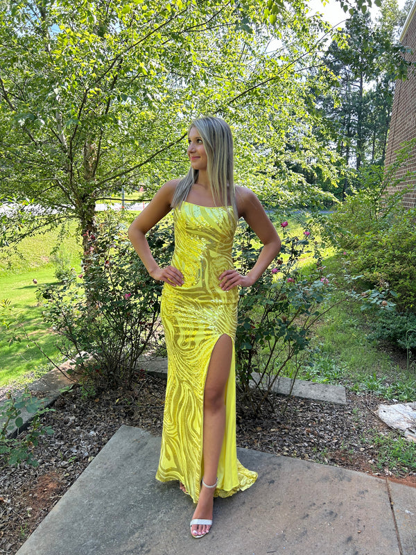 Blush Prom 12124 Fitted Sequin Dress with Strappy Back and Slit - Royal Blue or Yellow