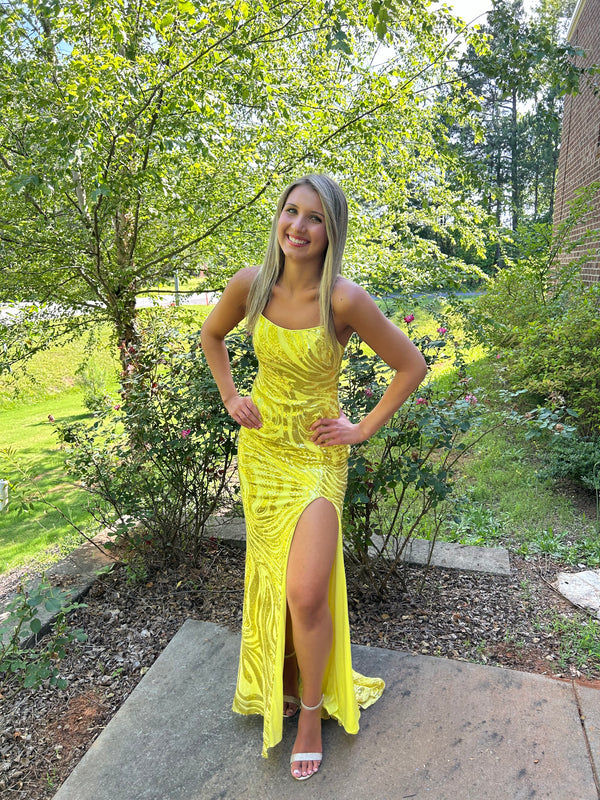 Blush Prom 12124 Fitted Sequin Dress with Strappy Back and Slit - Royal Blue or Yellow