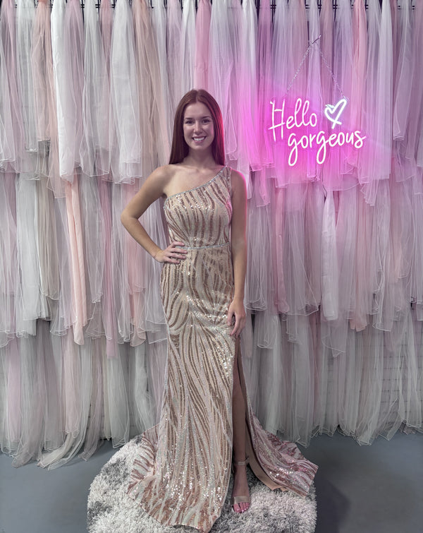 Blush Prom 20506 Champagne Sequin One Shoulder Dress with Slit