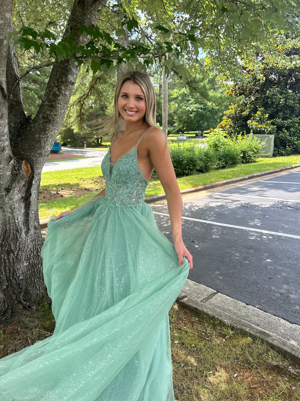 Blush Prom 12150 Fern Green Glitter Tulle A-Line Dress