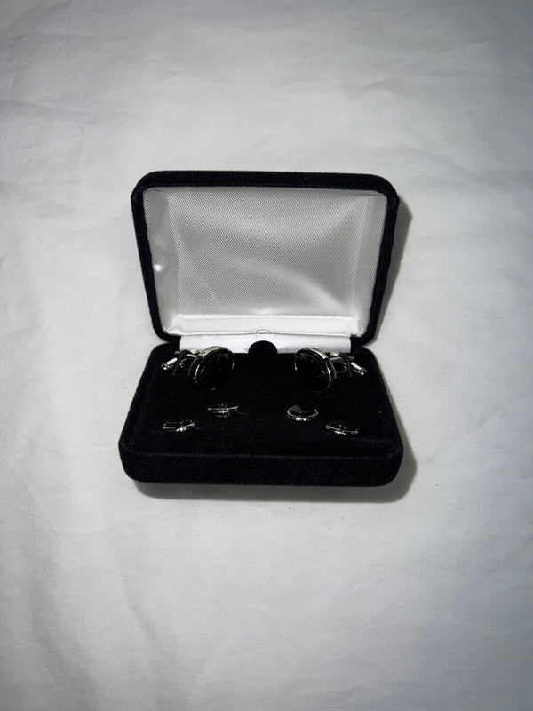 Black Silver Oval Studs & Cufflinks Boxed Set