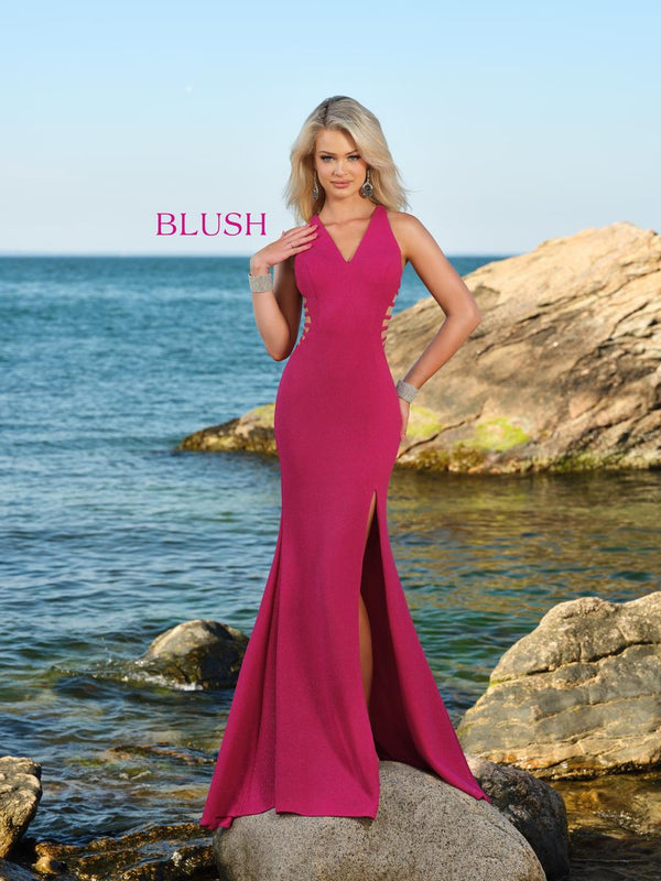 Blush Prom 20533 Magenta Shimmer Stretch Knit Dress with Slit - Size 10