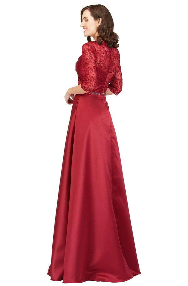 Cecilia Couture 1845 Burgundy Satin A-Line Dress with Lace Sleeves