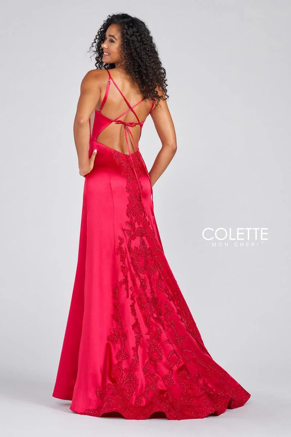 Colette 12274 Lipstick Pink Satin Sheath Dress with Slit and Embellished Train - Size 8