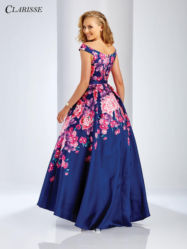 CLARISSE 3569 Navy Floral Print Off the Shoulder A-Line Dress - Size 2