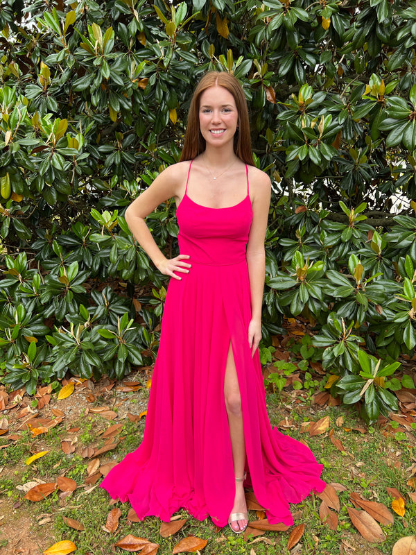 Dave & Johnny 7987 Simple Fuchsia Pink Chiffon Dress with Slit - Size 4