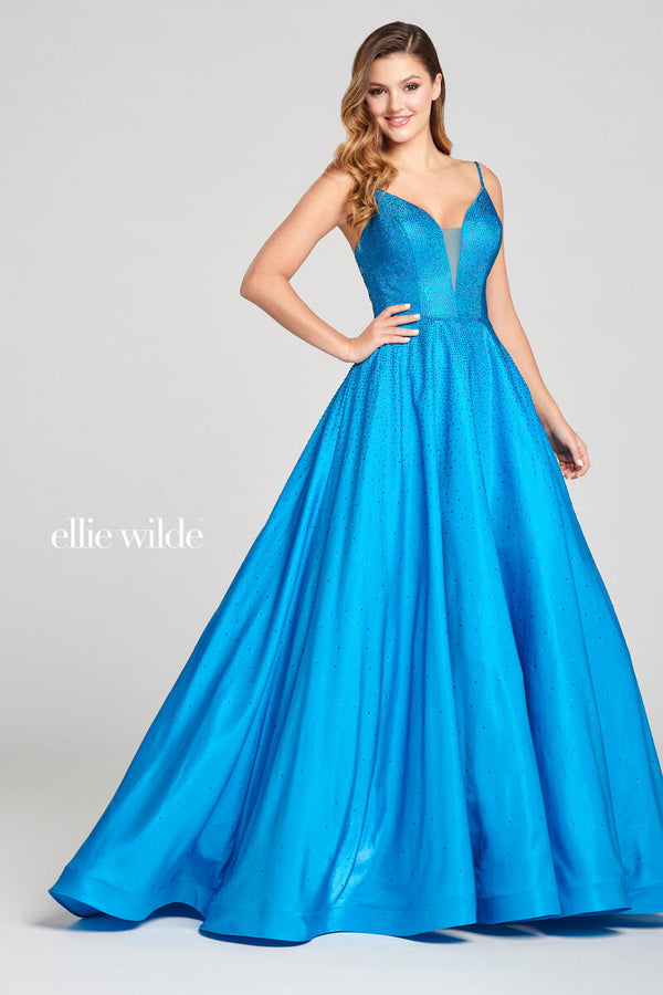 Ellie Wilde 121005 Hot Stone Embellished Satin Ballgown - Turquoise, Lapis or Ruby