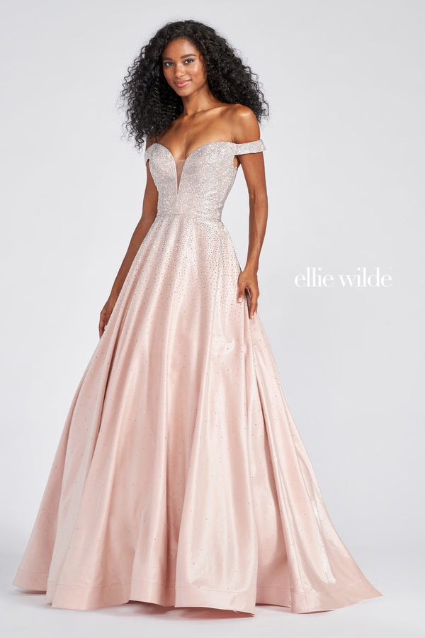 Ellie Wilde 122106 Beige Silver Off the Shoulder Ballgown