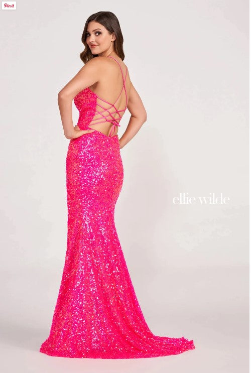 Ellie Wilde 34015 Magenta Sequin Fit-n-Flare Dress with Slit