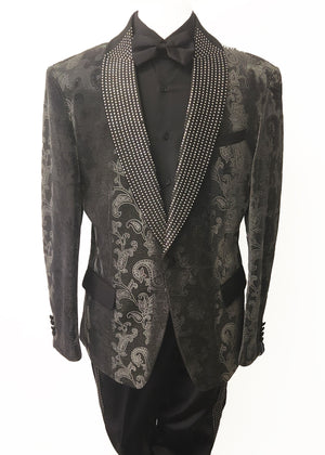 Black & Silver Tuxedo with Rhinestone Lapel & Black Satin Pants