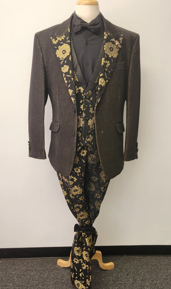 Metallic Gold over Black with Floral Print 3pc Suit