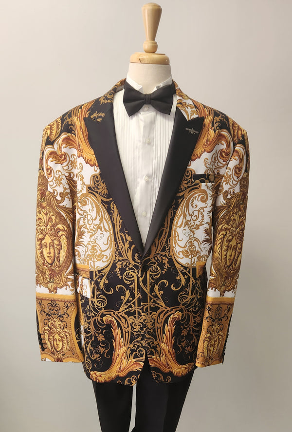 Black and Gold Faces Fashion Print Tuxedo Jacket