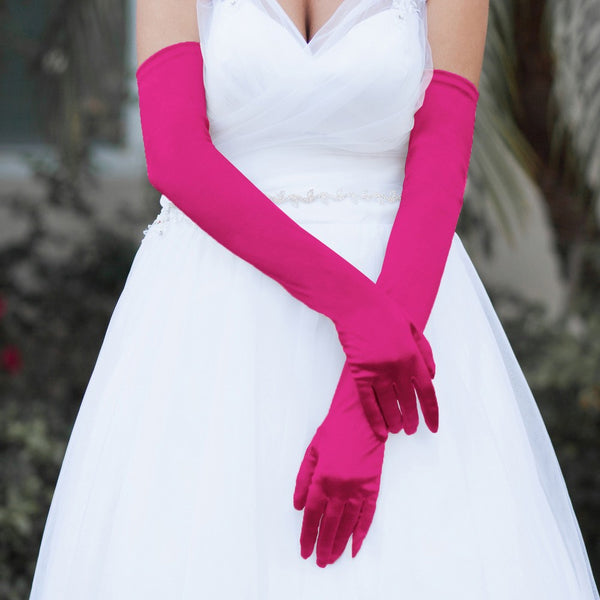 Stretch Satin Opera Length Ladies Gloves - Fuchsia Pink