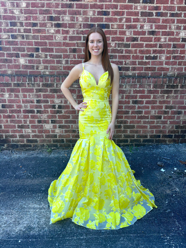 Rachel Allan 7087 Yellow Floral Jacquard Mermaid Dress