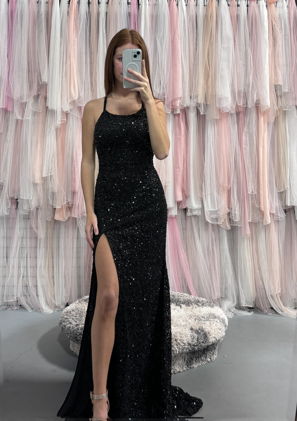 INTRIGUE by Blush Prom 935 Black Sequin Dress with Slit - Size 22