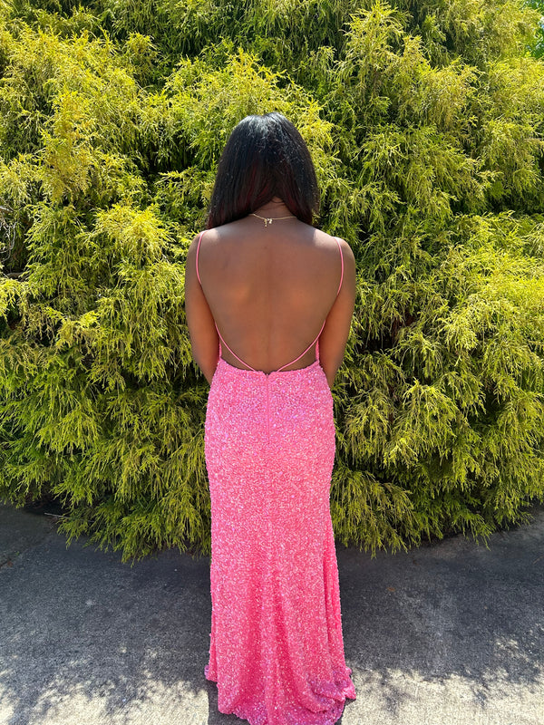 Back of Pink Sequin Dress by Intrigue style 914 at Formalwear Outlet Hillsborough, NC