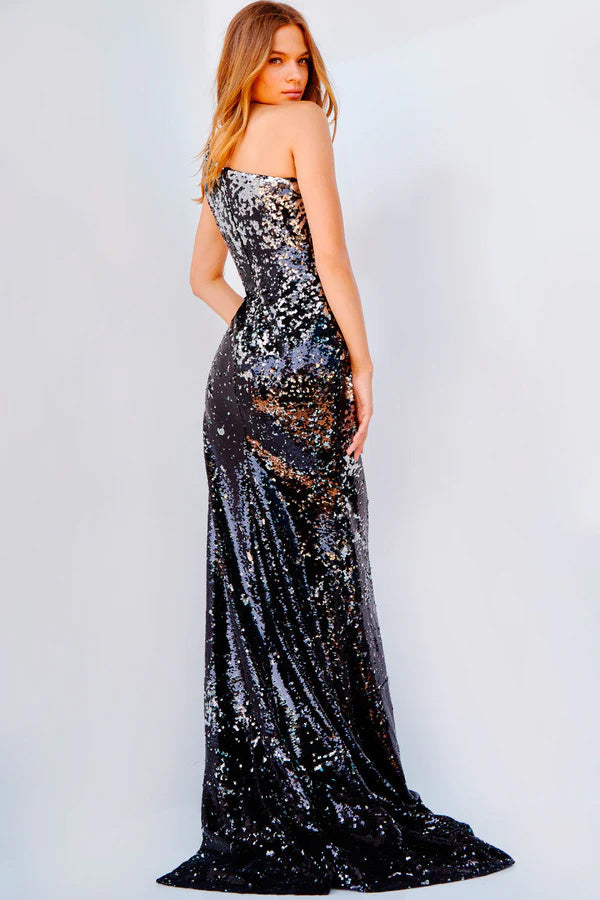 JOVANI 09895 Black Silver One Shoulder Sequin Evening Dress with Slit