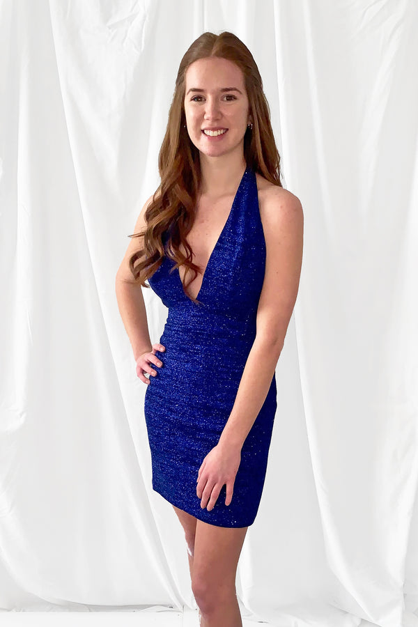 JOVANI 1352 Royal Halter V-Neck Plunge Short Fitted Dress - Size 14