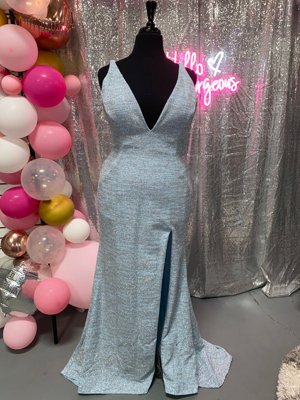 JOVANI 02472 Metallic Glitter Knit Jersey Fitted Dress with Slit - Hot Pink or Soft Blue