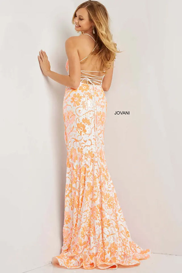 JOVANI 08255 Floral Design Sequin Dress with Spaghetti Straps, Lace Up Back and Slit