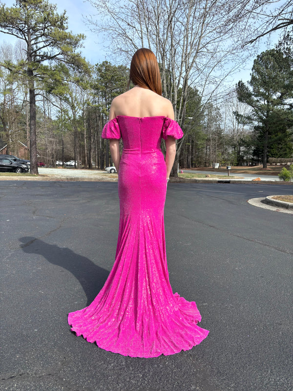 JOVANI 09618 Sequin Dress with Dramatic Off the Shoulder Puff Sleeves and a Slit - Hot Pink or Royal Blue