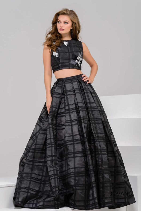 JOVANI 40387 Black Plaid 2 Piece A-Line Dress