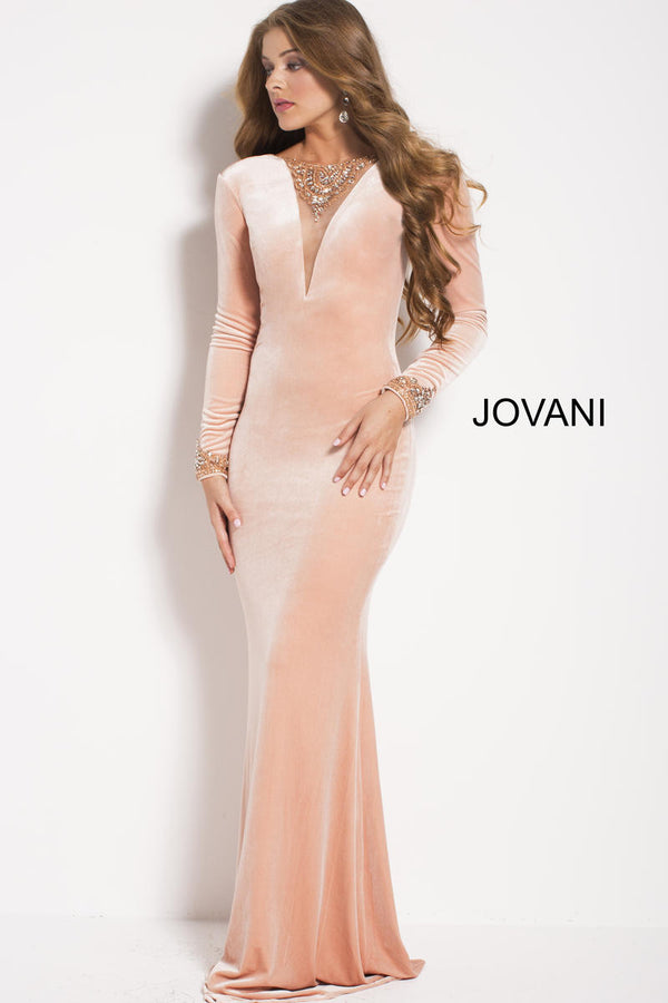 Jovani 52137 Blush Velvet Long Sleeve Dress with Center Back Slit