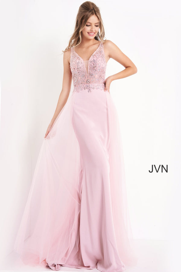 JVN by Jovani 02253 Light Pink Sheath Dress with Flowy Overskirt