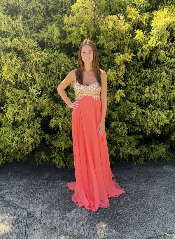 JVN by Jovani 21216 Coral Jeweled Sweetheart Chiffon Dress