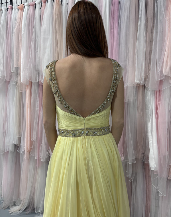 Jovani 98525 Light Yellow Cap Sleeve Illusion Chiffon Dress