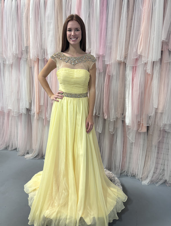 Jovani 98525 Light Yellow Cap Sleeve Illusion Chiffon Dress