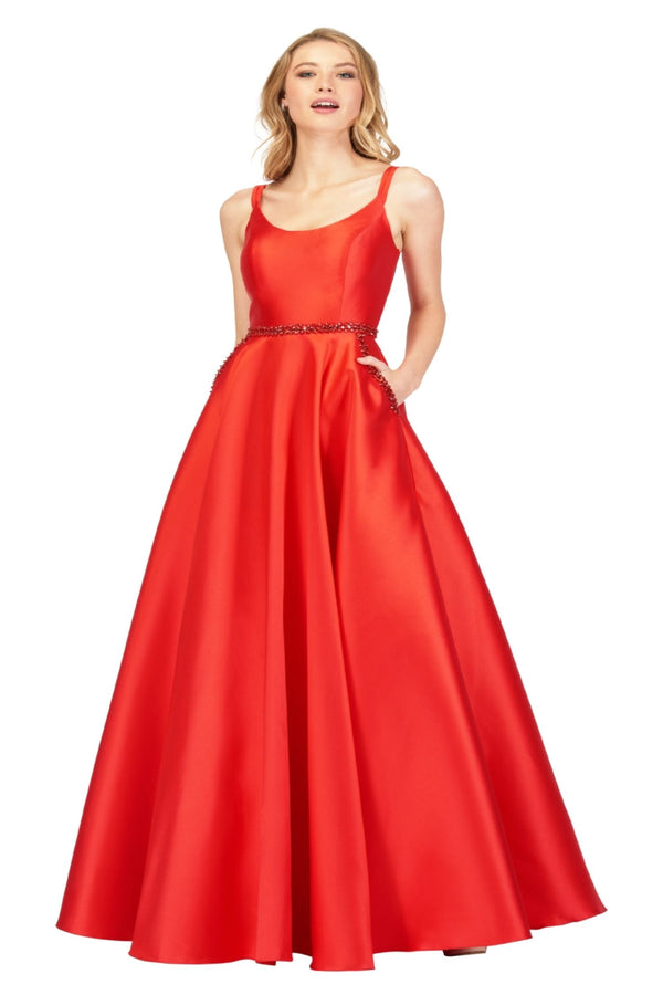 Lucci Lu 981065 Red Scoop Neck Mikado A-Line Dress with Pockets