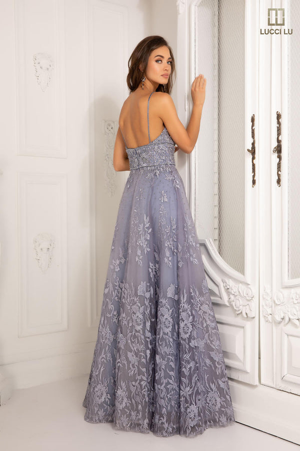 Lucci Lu COUTURE 8027 DUSTY BLUE Embroidered Tulle A-Line Dress - Size 10